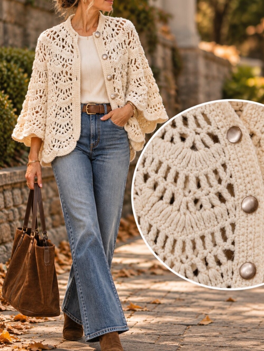 Hand-Crocheted Ivory Cape Shawl – Button Front Scalloped Knit